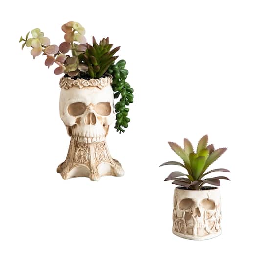 5.5" & 9" Artificial Halloween Succulent Garden in Skull Planters Set